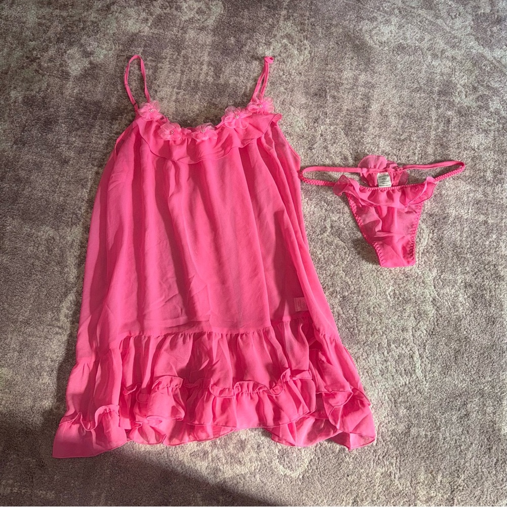 Mystique Intimates Vintage Medium Pink Flower Sheer Lingerie Set